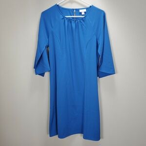 J Jill Christian siriano Blue crew neck back keyhole dress 3/4 sleeve sz XS NWT